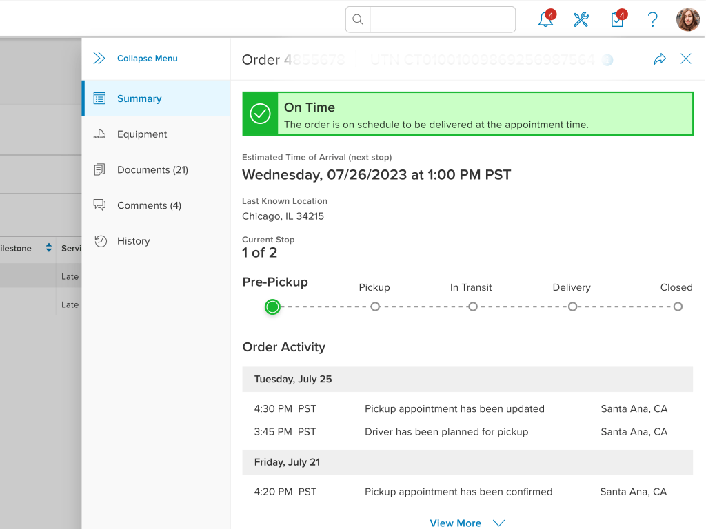 Quick view panel showing freight details