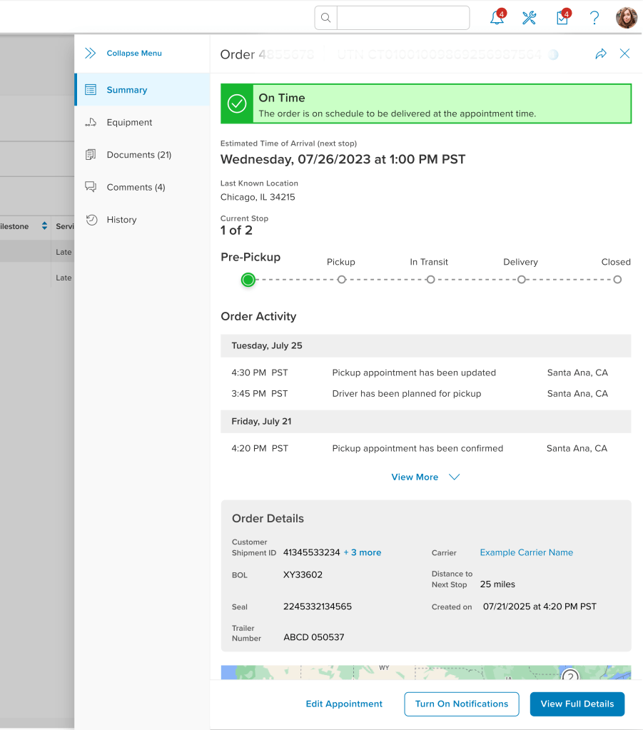 Side panel showing a quick view of freight details with tracking and a map