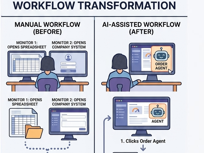 Diagram showing a Manual Workflow and an Ai-assisted workflow that is more efficient. 